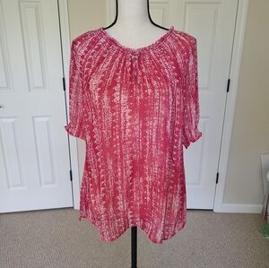 Chico's Semi-Sheer Short Sleeve Top Elastic Smocked Waist Sleeve Neck Red White